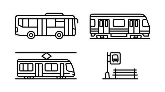 Urban public transportation vehicle line icons.