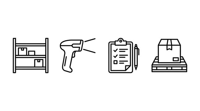 Warehouse logistics and inventory management line icons.