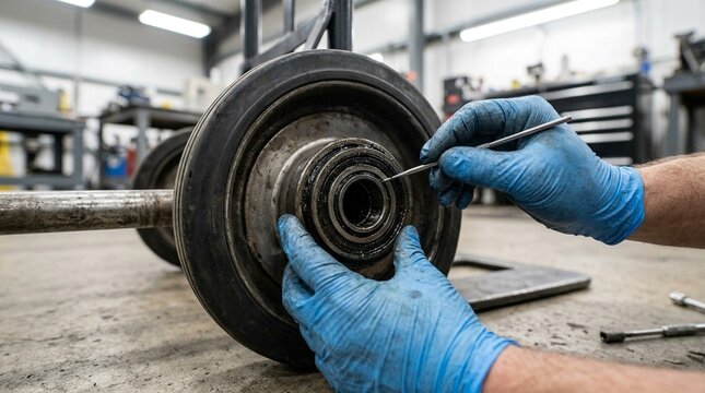 Equipment cart's wheels checked for smooth rolling before a long shift begins