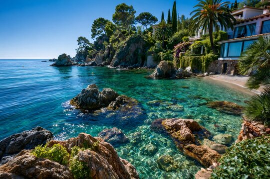 Costa brava coastline with turquoise mediterranean sea and private beach