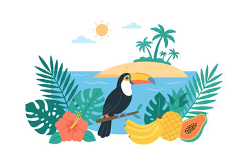 Obraz premium Vibrant tropical scene with toucan, island, fruits, and palm trees.