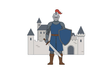 Obraz premium Medieval knight in armor with shield and sword in front of castle.