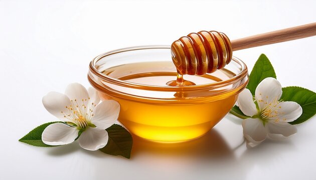 honey honey dipper bowl flower leaf white background golden honey bowl with honey dipper and blooming flower white background