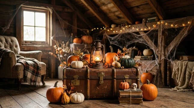 Rustic attic room with pumpkins, lantern and cobweb decorations on a vintage trunk, warm autumn glow, cozy halloween atmosphere for seasonal home decor and festive interior ideas for advertising and e
