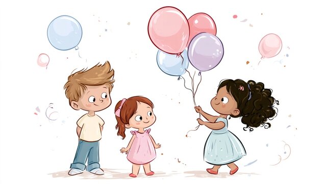 Diverse children celebrating with colorful balloons and confetti