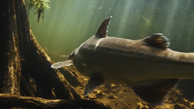 Underwater close-up of a large catfish with prominent barbels swimming in murky water with sunbeams filtering through