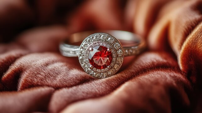 Closeup of a silver ring with a large red ruby surrounded by smaller diamonds, on a soft brown velvet surface.