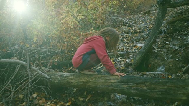 Boy in red hoodie climbing over a fallen log near a forest stream in autumn