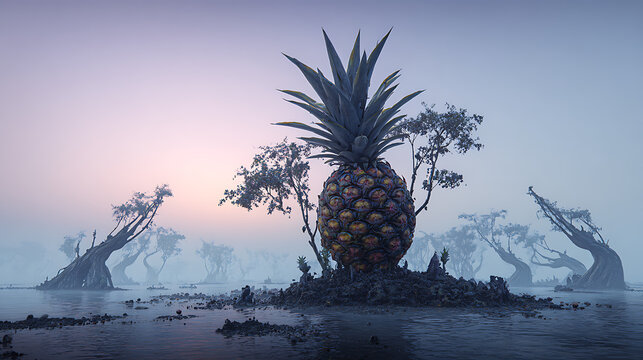 Surreal giant pineapple among twisted trees in misty landscape