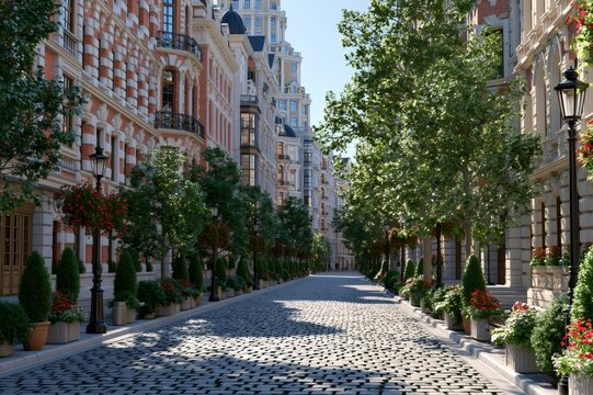 European city street with charming old buildings and trees