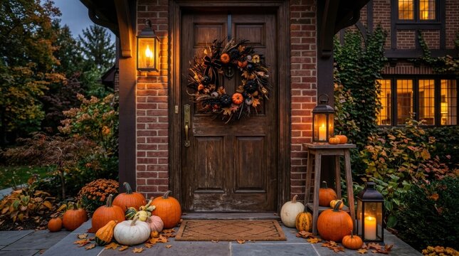 Warmly lit brick house entry with autumn wreath, pumpkins, lanterns and fallen leaves on the doorstep, creating a cozy fall home exterior scene at dusk for seasonal decoration ideas