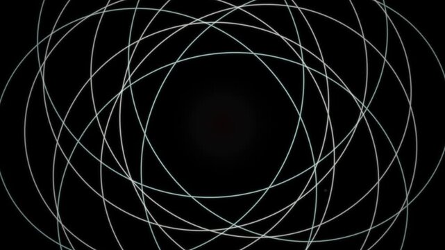 Intersecting white elliptical lines spiral inward across a dark background creating an abstract geometric pattern.