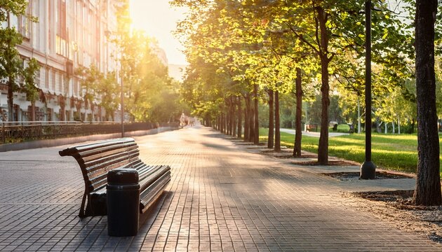 european city street park bench plastic bottle empty sidewalk tree line summer sunlight quiet mood