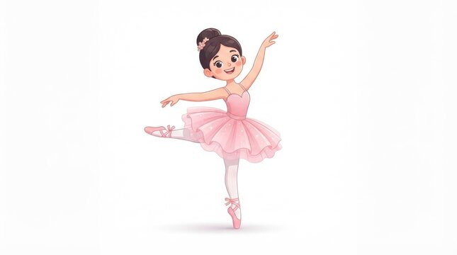 Cheerful cartoon ballerina dancing on tiptoe in a pink tutu and dress.