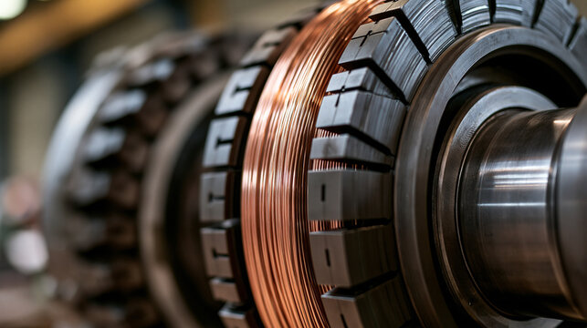 Close-up of a high-tech electric motor rotor with copper windings. Symbolizing industrial power and electrical.