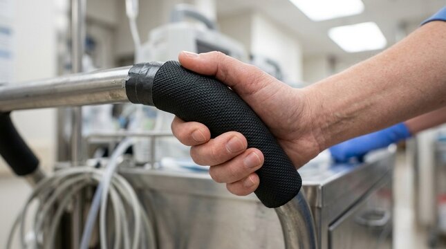 Equipment cart's handle wrapped with a grip pad for comfort during long shifts