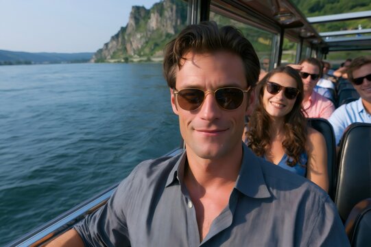 Man wearing sunglasses smiling enjoying river boat tour