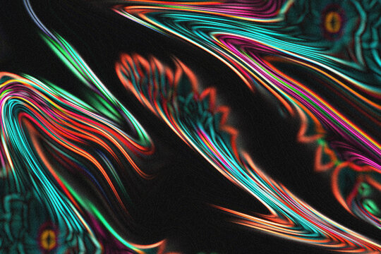 Vibrant neon light trails and glowing abstract swirls creating a dark futuristic backdrop