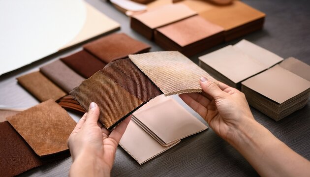 hands comparing packaging material swatches on design table