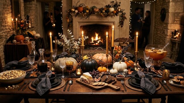 Candlelit autumn dinner table with pumpkins, dark tableware, bread, fruit, drinks and gothic decor in a cozy stone room with fireplace, creating a warm Halloween party mood for advertising and editori