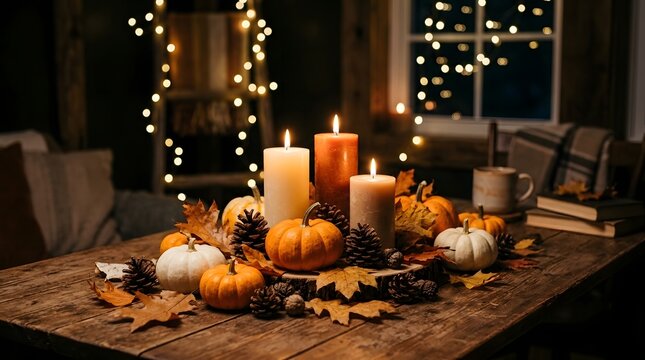 Cozy autumn harvest table centerpiece with lit candles and pumpkins for fall decor