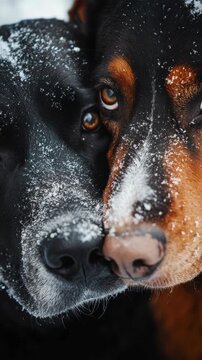 Close-up of two dogs cuddling and being adorable in the snow.