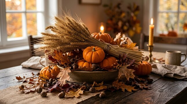 Autumn harvest centerpiece with pumpkins, wheat, and candles on rustic wooden table