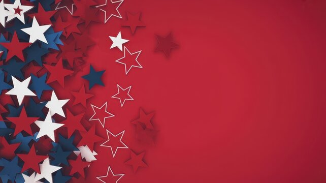 Veterans Day Patriotic red white and blue paper stars on a solid red background USA