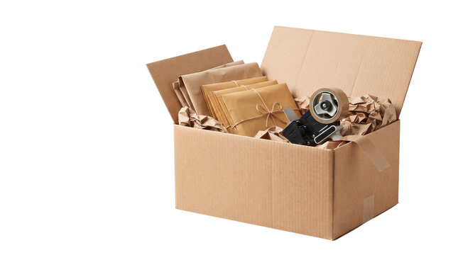 Open cardboard shipping box with paper envelopes and packing tape for e-commerce delivery.