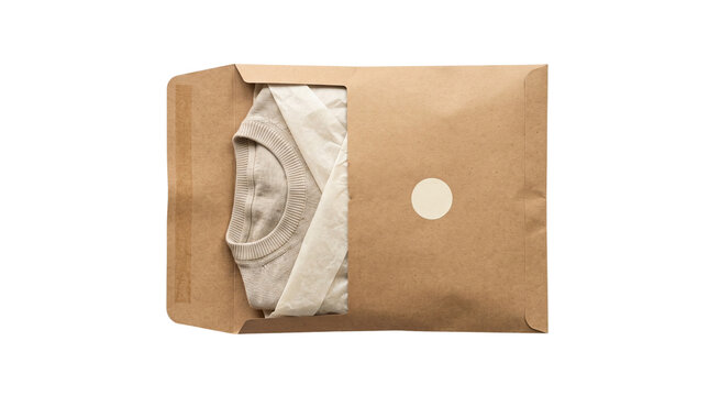 Patterned shirt inside an open brown paper mailing envelope for e-commerce delivery