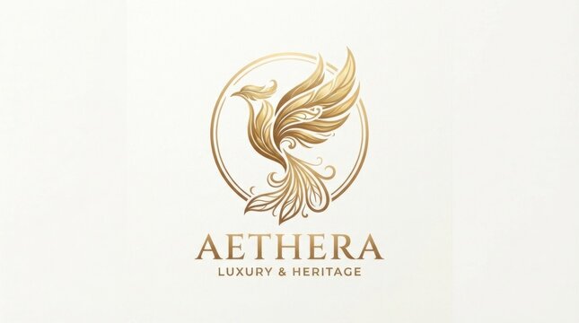 Elegant phoenix emblem for luxury heritage brand with circular gold logo on pale background.