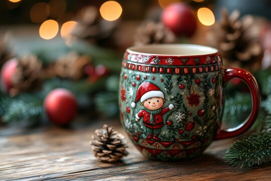 Christmas mug with festive decoration on wooden table