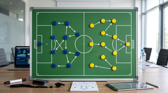 Soccer Football Field with Ball on Green Grass for Competitive Sports Game and Outdoor Stadium Match Background