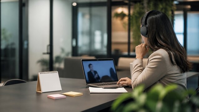 Professional attending an online certification webinar in a coworking space