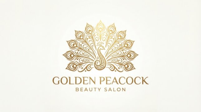 Golden Peacock Beauty Salon Logo Featuring Ornate Peacock Motif and Elegant Typography.