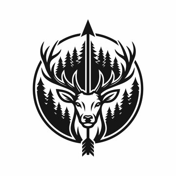 Minimalist deer hunt logo badge with stag antlers pine forest trees and hunting arrow vector illustration