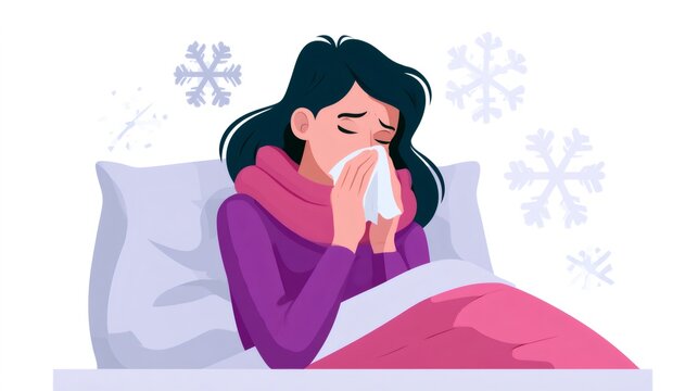 Woman with cold or flu in bed blowing nose