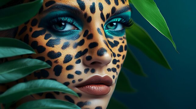Portrait of a woman with leopard print face paint surrounded by lush jungle foliage