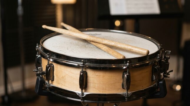 Close-up of a snare drum with wooden drumsticks resting on the drumhead in a softly lit music room, creating a quiet rehearsal mood for music practice and performance preparation for advertising and e