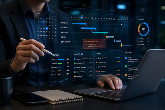 Project Manager Reviewing Digital Timeline with Delayed Task Alert, Milestones, Workload Gauge, Progress Tracking, Resource Planning, Laptop, Stylus, and Modern Project Management Dashboard Technology
