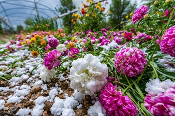 Obraz premium Garden flowers damaged by spring hail storm
