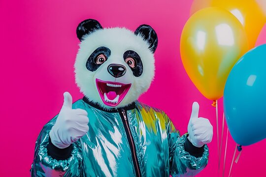 Person in a panda mask and metallic jacket giving a thumbs up against a pink background.