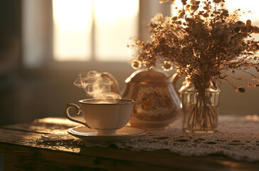 Fototapeta premium Tea in a teapot with a floral pattern in an antique style