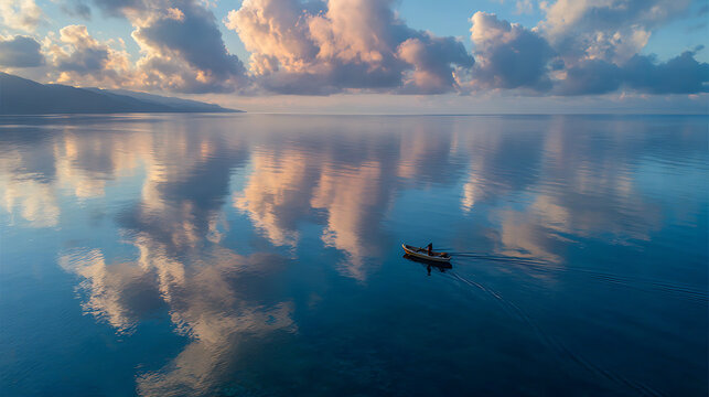Serene ocean expanse with distant land and reflective sky above a solitary boat
