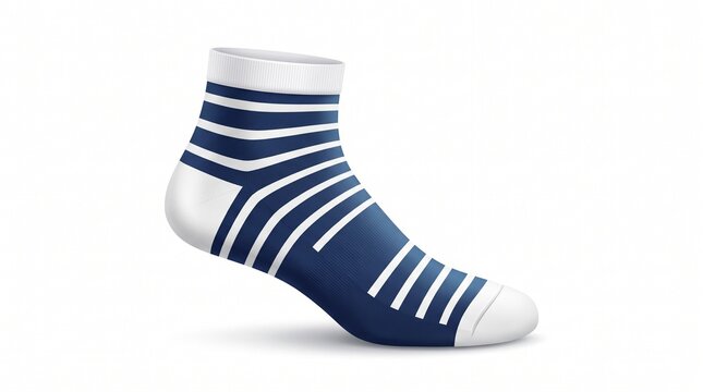 A detailed vector illustration of a navy blue and white striped ankle sock on a clean white background for apparel design and fashion concepts