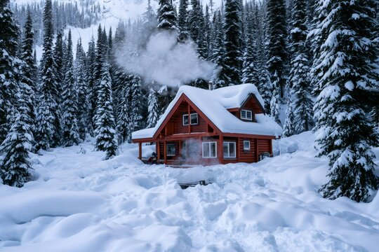 Log cabin in winter forest with smoke from chimney