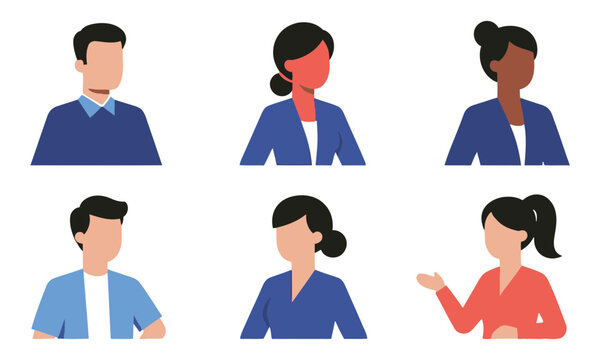 A collection of diverse professional business people avatars showing various expressions and styles of clothing presented as isolated on transparent background