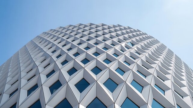 Abstract architectural view of a spherical building facade with a repeating diamond pattern of white frames and dark glass windows against blue sky