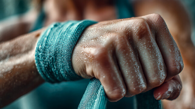 Sweaty Hand Wrapped in Blue Bandage, Gym Focus