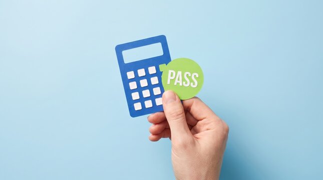 Hand holding a paper calculator with a vibrant 'PASS' speech bubble, symbolizing successful financial assessment, compliance approval, or a positive evaluation result against a serene blue background